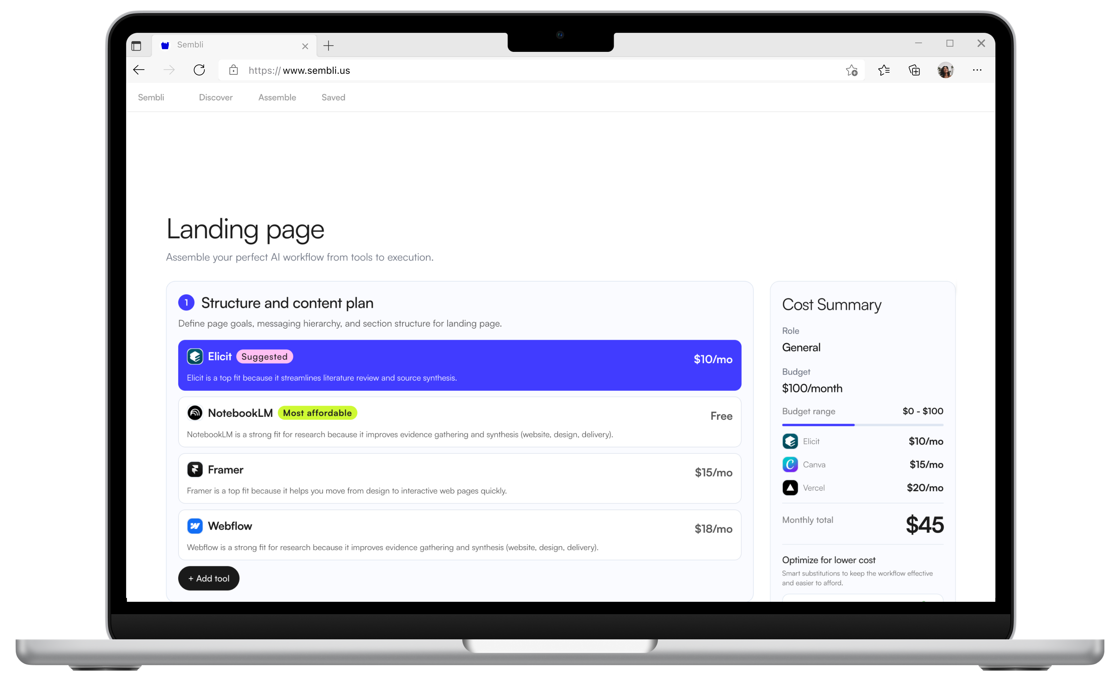 Sembli Stack Builder: tools by stage with a live cost summary